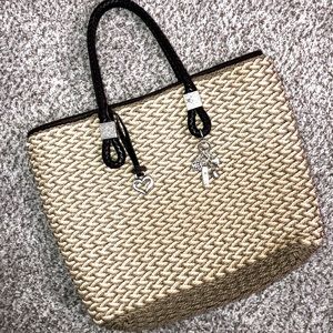 Brighton woven straw handbag with leather trim and leather handles